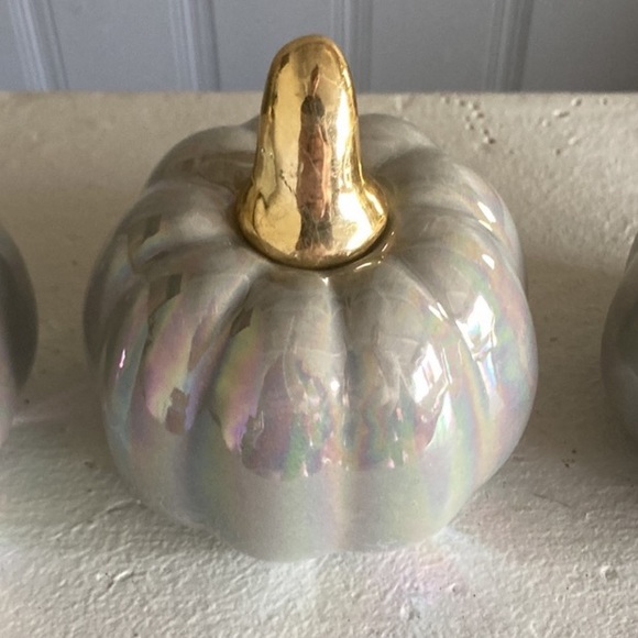 SOLD NWT Set of 2- Gray Iridescent Ceramic Pumpkins w/ Gold Stems Decorations - Picture 11 of 16